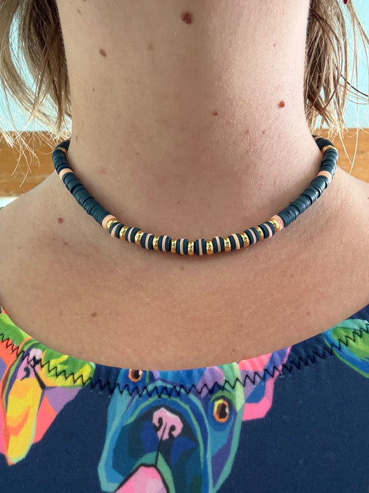 Collier perles bleu canard